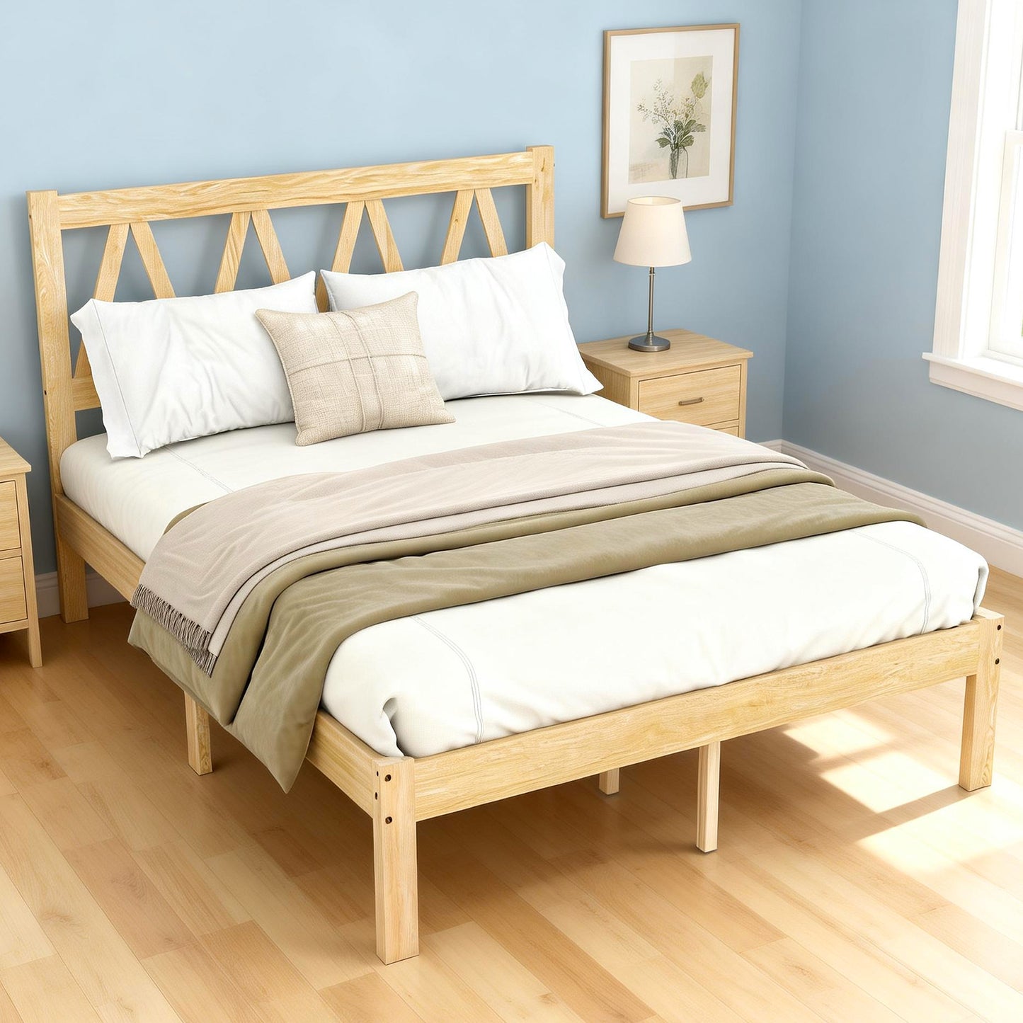 Wood Platform Bed Frame With Headboard Solid Wood Foundation With Heavy Duty Slat Support No Box Spring Needed Easy Assembly Rubber Wood Queen Size
