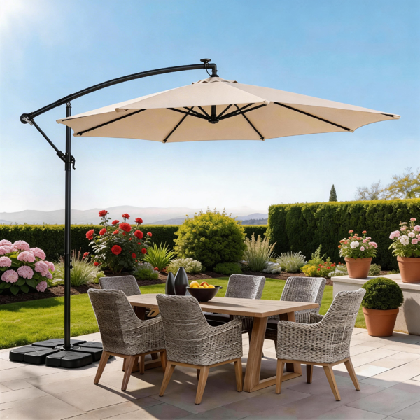 10FT Round Banana Hanging Patio Umbrella With 18 LED Lights, 6 Iron Ribs, Iron Straight & Curved Pole, Waterproof Polyester Canopy, With Stand Sleeve And Cross Base, Khaki