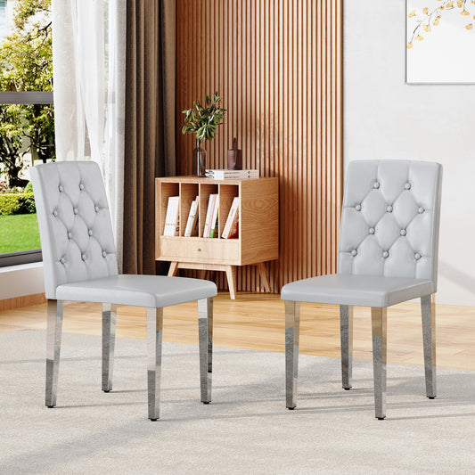 2-piece Set Of Light Grey PU Dining Chairs ,Ergonomically Designed Buckle Backrest, 35 Inches High, Silver Metal Legs, Combining Comfort And Texture.Suitable For Family Restaurants, Banquet Hall, Etc.