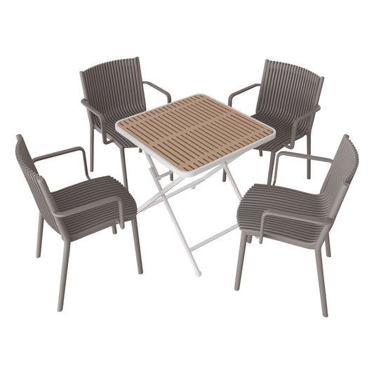 Holiday- 4pcs Warm Grey Stackable PP Armchair For Indoor Outdoor Use -Ergonomic Slatted Back With Modern Folding Indoor Outdoor Multi-functional Square Table- PP Tabletop With Metal Legs White, Khaki