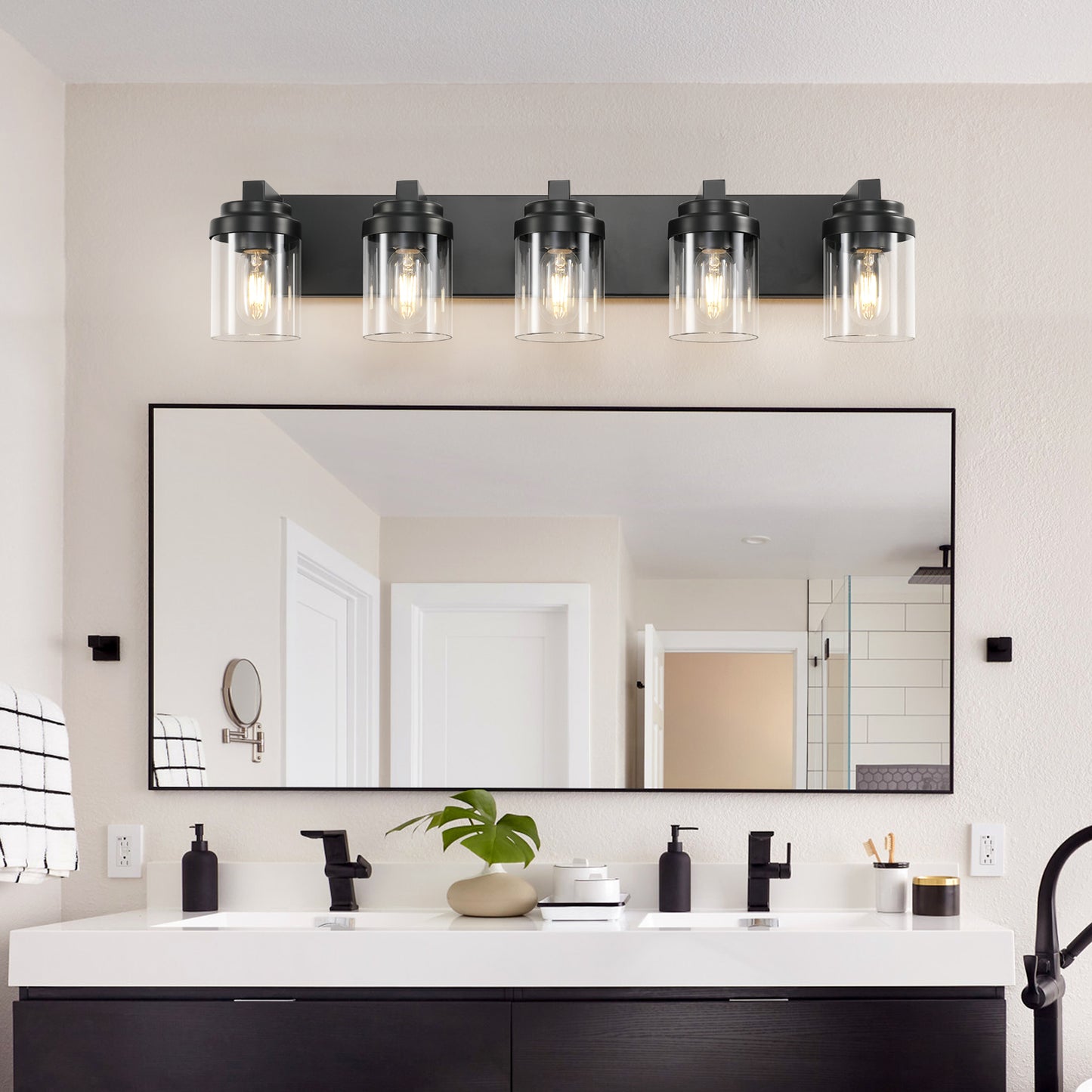 5-Light Bathroom Vanity Light Bathroom Light Fixtures Over Mirror, 31 Black Vanity Lights With Glass Shade, Modern Wall Sconce For Cabinet Porch Bedroom, Hallway Bulbs Not Included