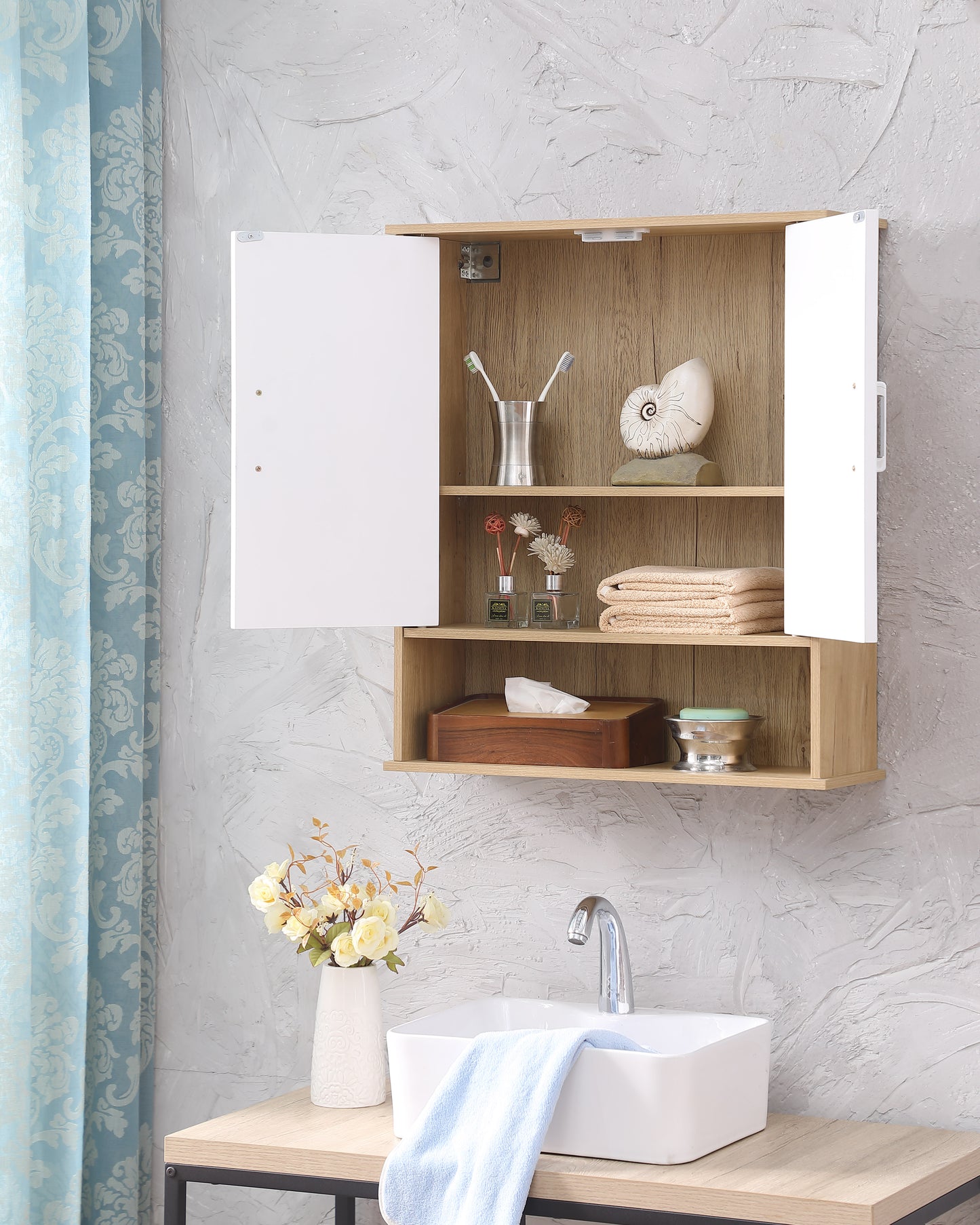 Bathroom Wall Cabinet With Double - Door, Bottom Shelf, Wavy - Patterned Doors, Adjustable Inner Shelf, Easy Installation, White & Natural Wood