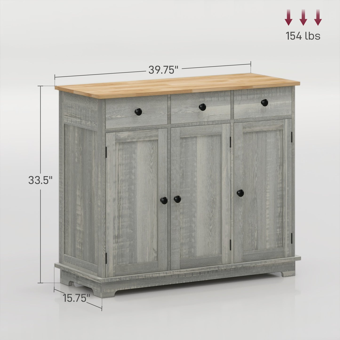 Kitchen Storage Cabinet, Sideboard Floor Cupboard With Solid Wood Top, Adjustable Shelf, And 3 Drawers, Light Gray