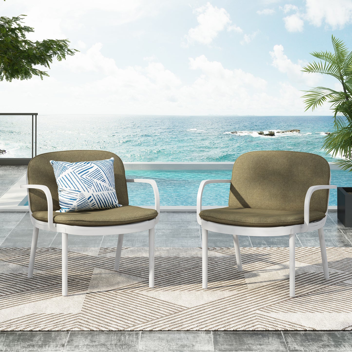 Luna Outdoor PP Club Chair, White Frame With Green Cushion, Set Of 2