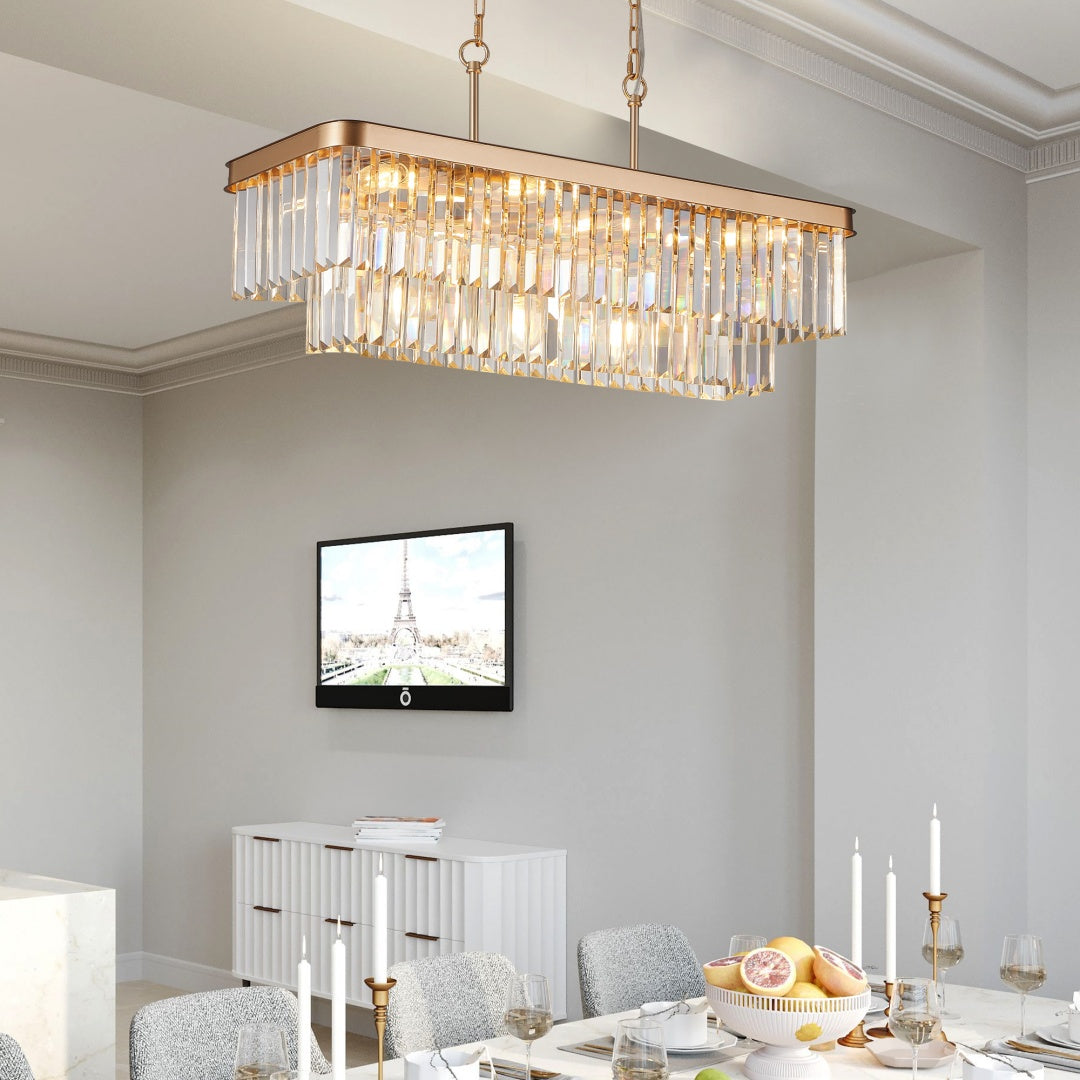Chandeliers,Rectangular Crystal Chandelier Adjustable,E12 Modern Industrial Crystal Lights,Farmhouse Iron Ceiling Hanging Light For Kitchen Living Room Bedroom-Gold-Bulb Not Included