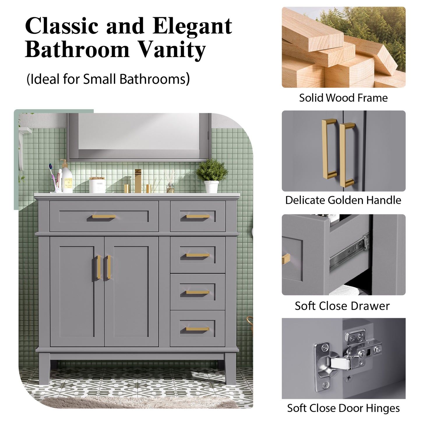 36  Gray Modern Bathroom Vanity With Ceramic Sink, Soft-Close Door, And 4 Storage Drawers ,offering A Refined Look With Practical Everyday Functionality. Old SKU N729P253935E