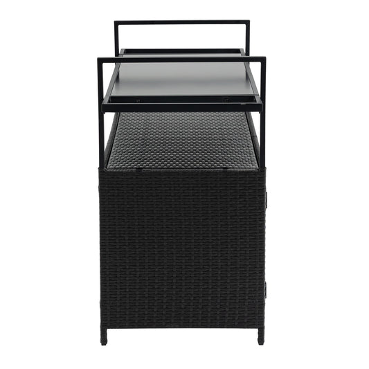 Outdoor Wicker Bar Cart, Patio Wine Serving Cart W Wheels, Rolling Rattan Beverage Bar Counter Table W Glass Top For Porch Backyard Garden Poolside Party, Black