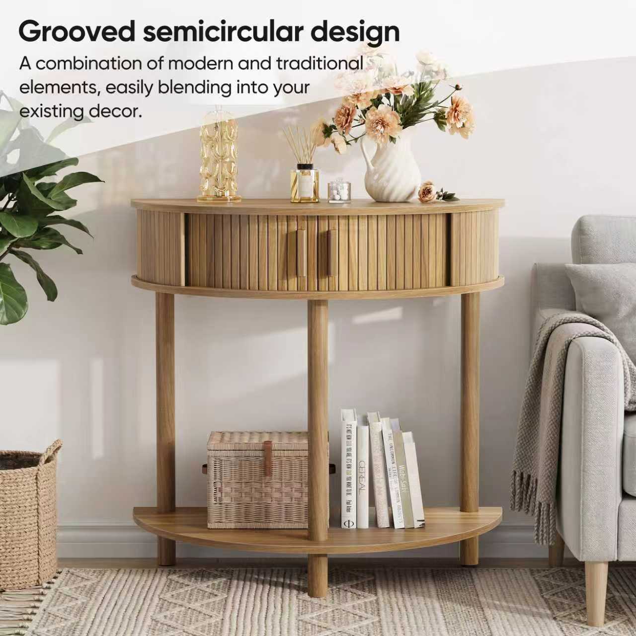 31.5-Inch Grooved Half-Moon Console Table, Farmhouse Sofa Table Behind Couch, Modern Entryway Table, Decorative Table For Living Room, Hallway, Entryway Or Foyer Narrow Entry, Walnut
