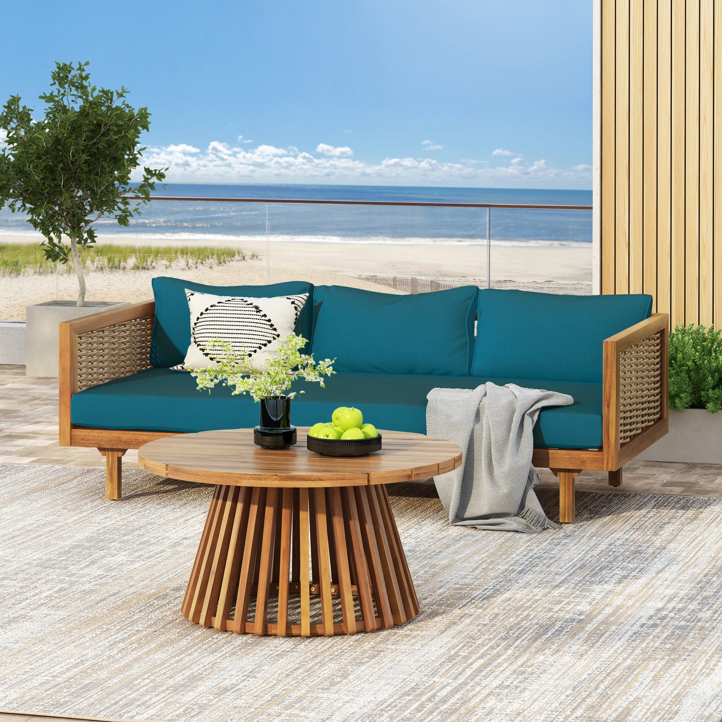Wicker Patio Furniture Set Outdoor Rattan Sectional Sets Conversation Set - Weather-Resistant,  For Garden, Patio & Deck With Water Resistant Thick Dark Teal Cushions