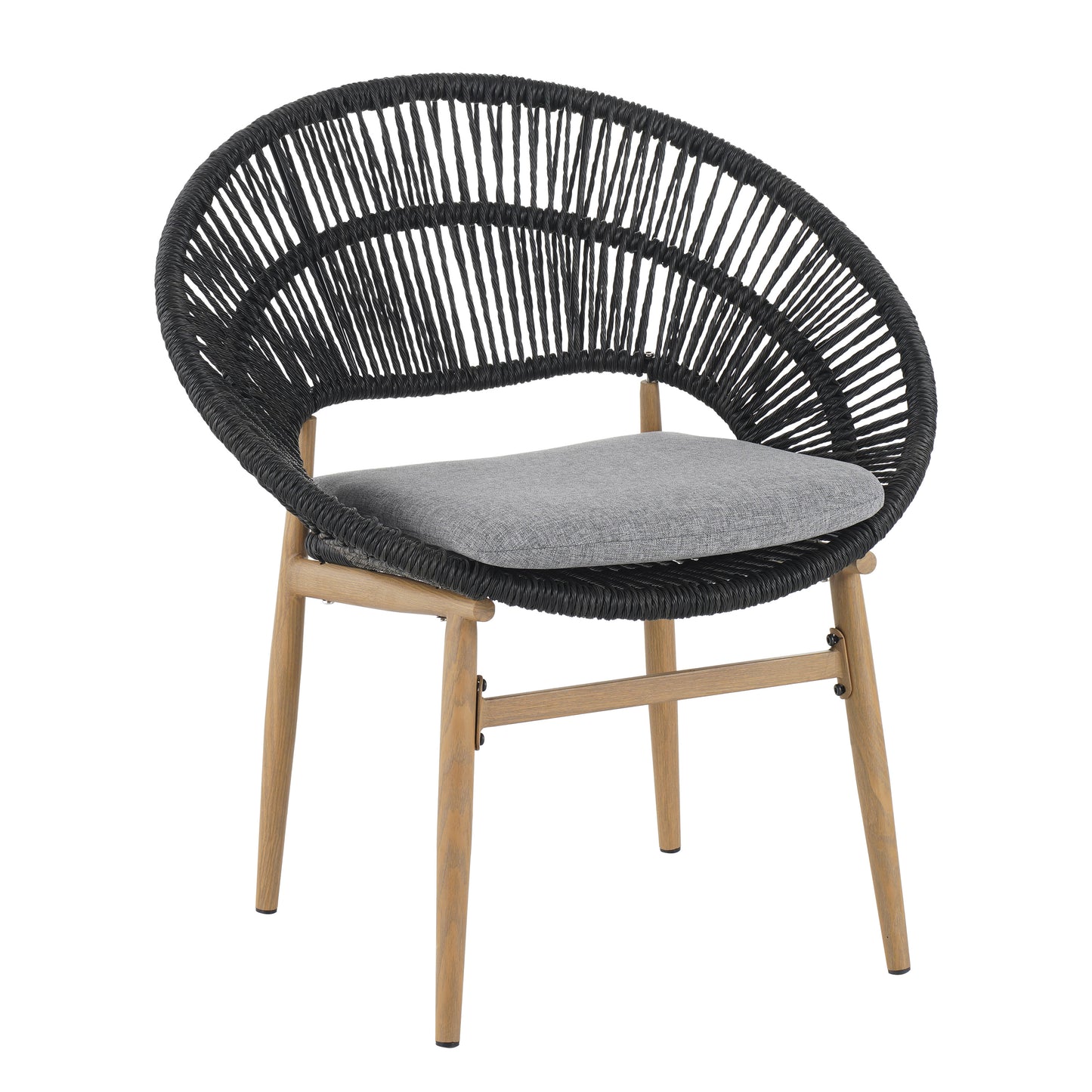 Cyril Outdoor Wicker Papasan Style Dining Chair, Teak Finished Leg And Dark Gray Faux Rattan, Gray Cushion, Set Of 2