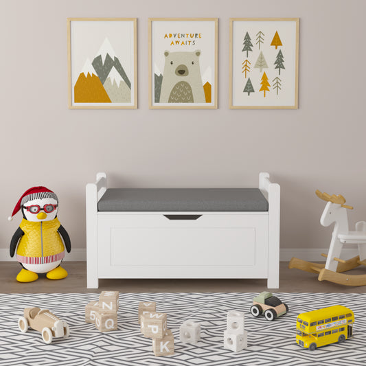 Kids Toy Box Chest, White Toy Box For Boys Girls, Large Storage Cabinet With Cushion Seat Bench Flip-Top Lid Safety Hinge, Toy Storage Organizer Trunk For Nursery, Playroom