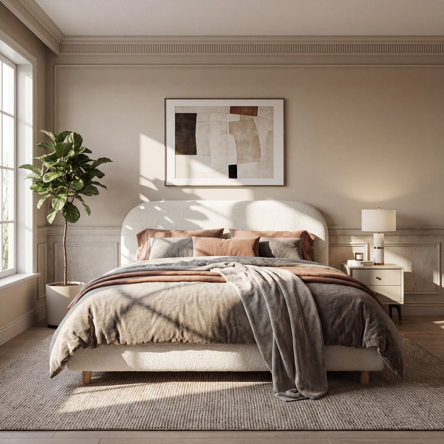 Queen Size Upholstered Bed With Boucle Fabric,Curved-Shape Design Thick Headboard, Solid Wood Legs,White