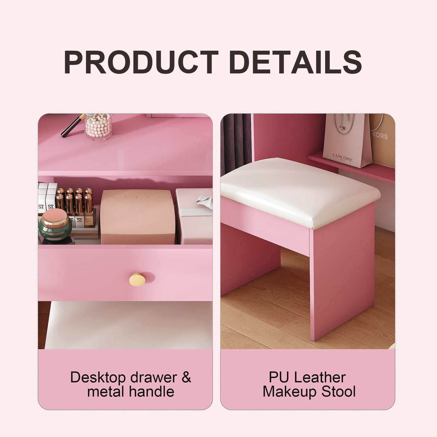 3-Color LED Vanity Mirror With Stool  Pink Dressing Table For Bedroom  2 Drawers & 5 Storage Cabinets  4 Open  1 Hidden   Adjustable Lighting  Pink