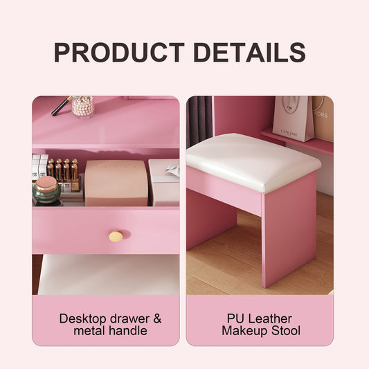 3-Color LED Vanity Mirror With Stool  Pink Dressing Table For Bedroom  2 Drawers & 5 Storage Cabinets  4 Open  1 Hidden   Adjustable Lighting  Pink