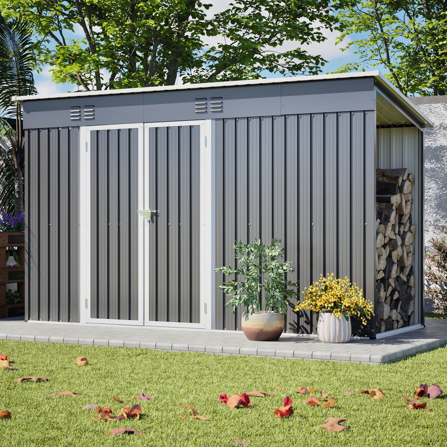 10'x4' Outdoor Metal Storage Shed For Garden Tools Lockable Door With Floor Frame