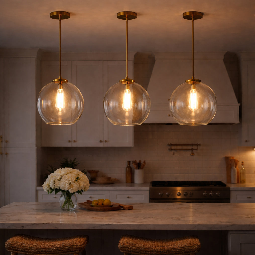 Gleam Single Light Pendant Lamp With Clear Globe Glass - Satin Brass