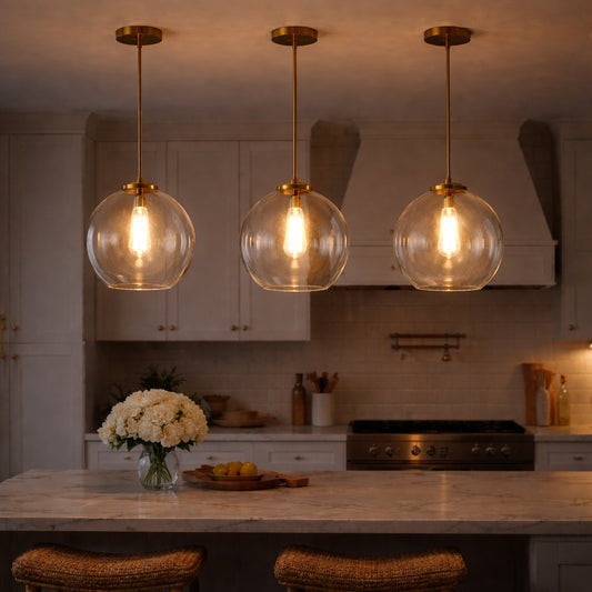 Gleam Single Light Pendant Lamp With Clear Globe Glass - Satin Brass