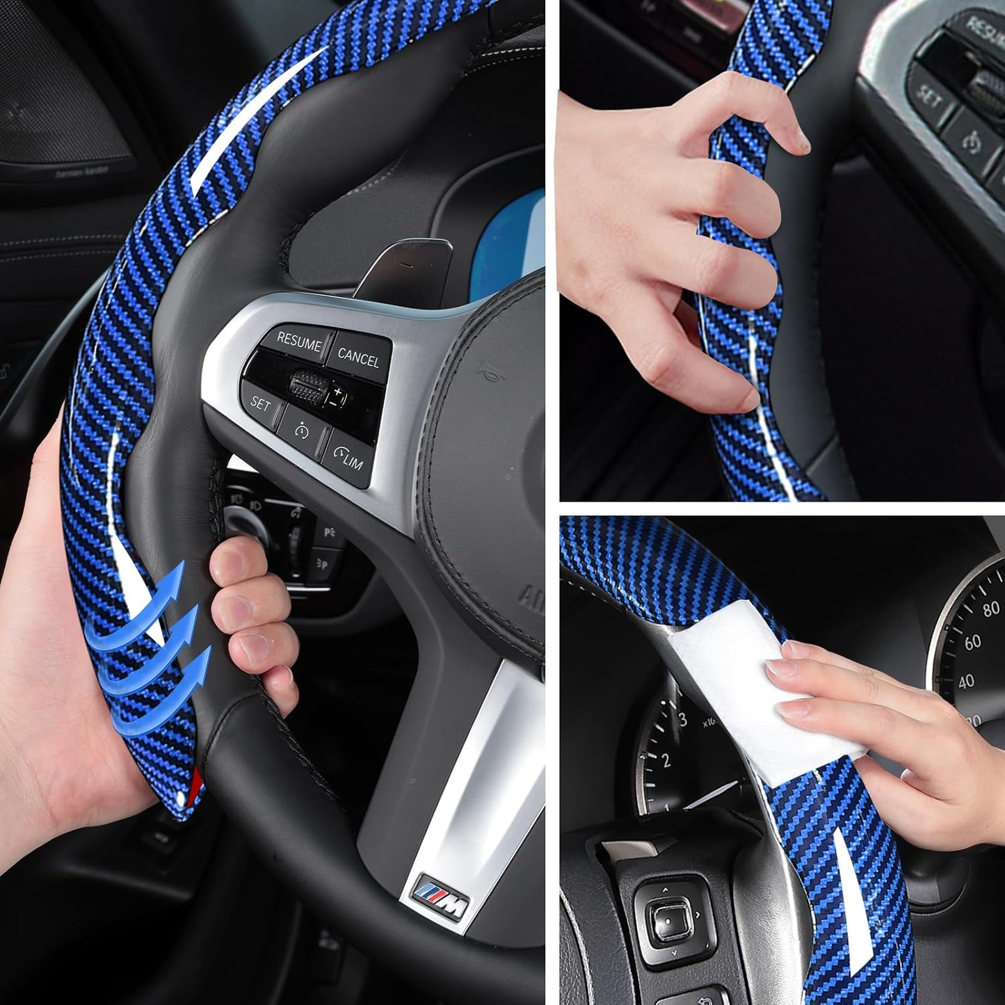 Carbon Fiber Steering Wheel Covers 3 Piece Clip On Steering Wheel Cover -Blue