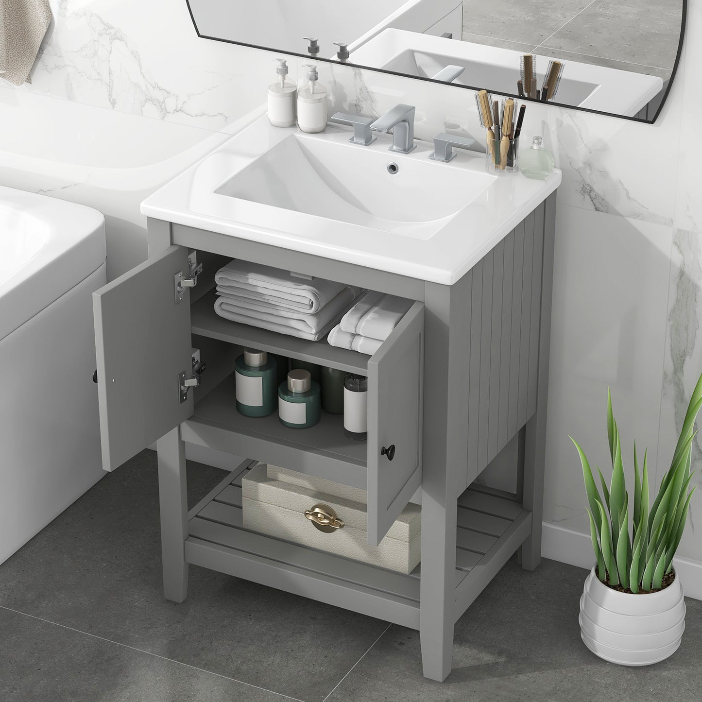 24  Grey Modern Sleek Bathroom Vanity Elegant Ceramic Sink With Solid Wood Frame Open Style Shelf