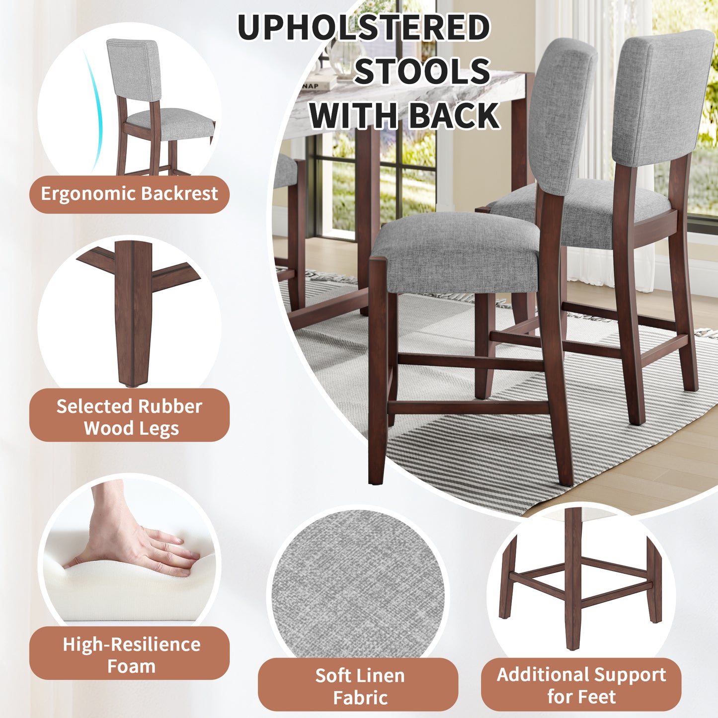 Mid Century Modern Bar Stools Set Of 4, 40.4  Counter Stools With Back, Linen Upholstered Barstools With Solid Wood Legs Bar Chairs For Kitchen Island Dining Room, Grey  4-Piece Chairs