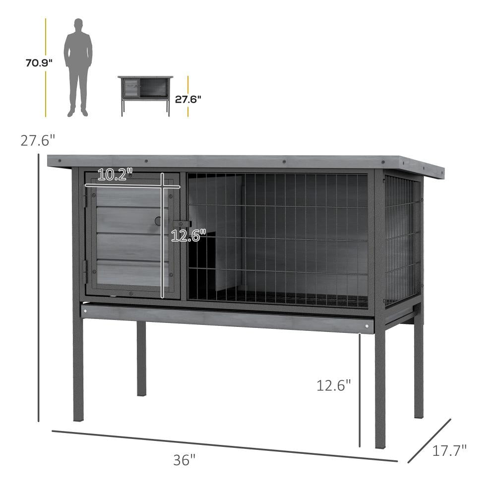 Wooden Rabbit Hutch Elevated With No Leak Tray, Gray