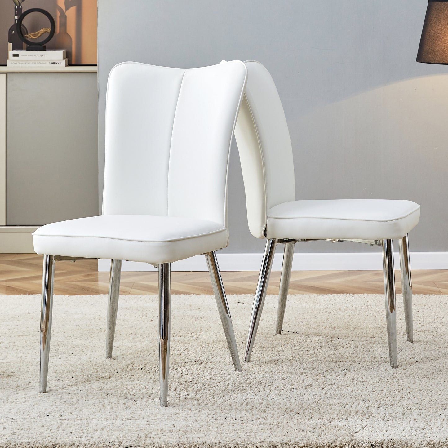 Modern Minimalist Dining Chairs, Office Chairs. 2-piece Set Of White PU Seats With Silver Metal Legs. Suitable For Restaurants, Living Rooms, And Offices.W1151116745