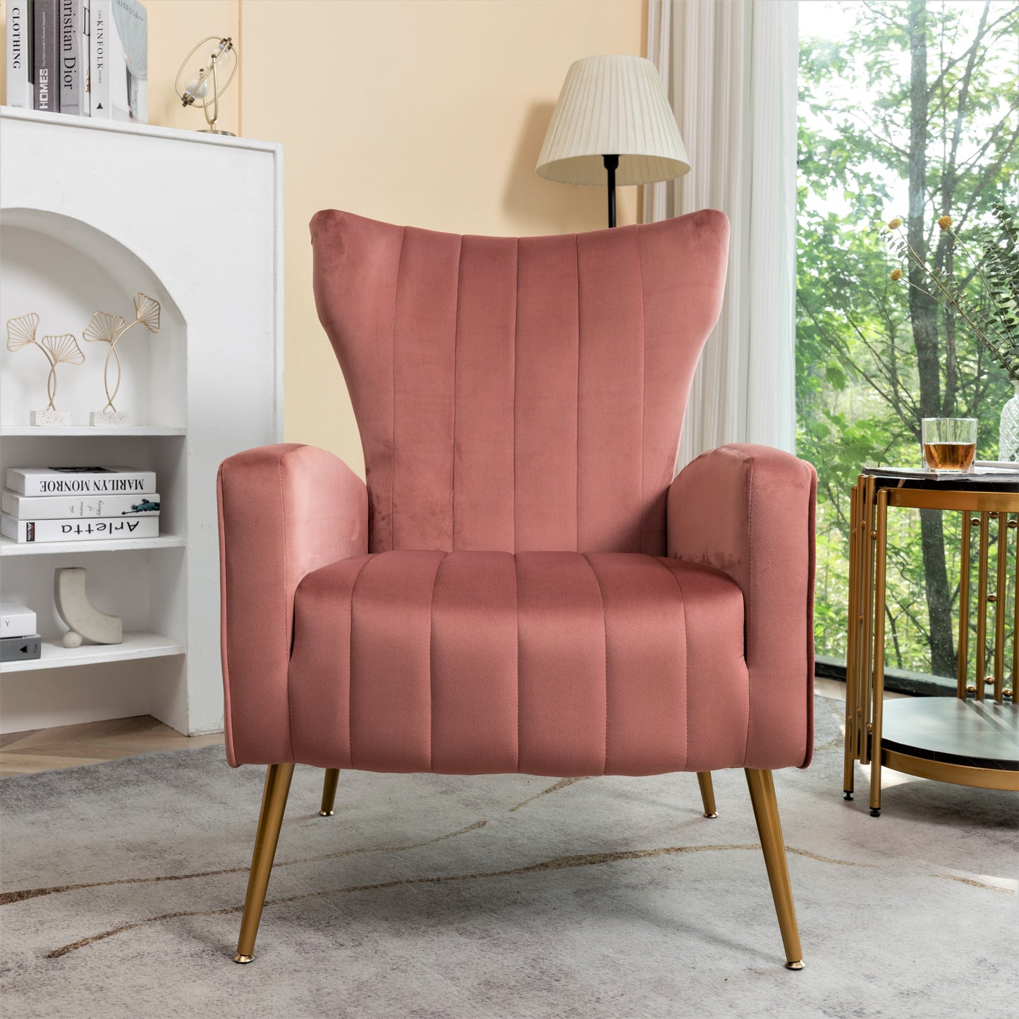 Velvet Accent Chair With Metal Legs, Modern Upholstered Armchair, Wingback Side Chair For Living Room Bedroom Small Spaces