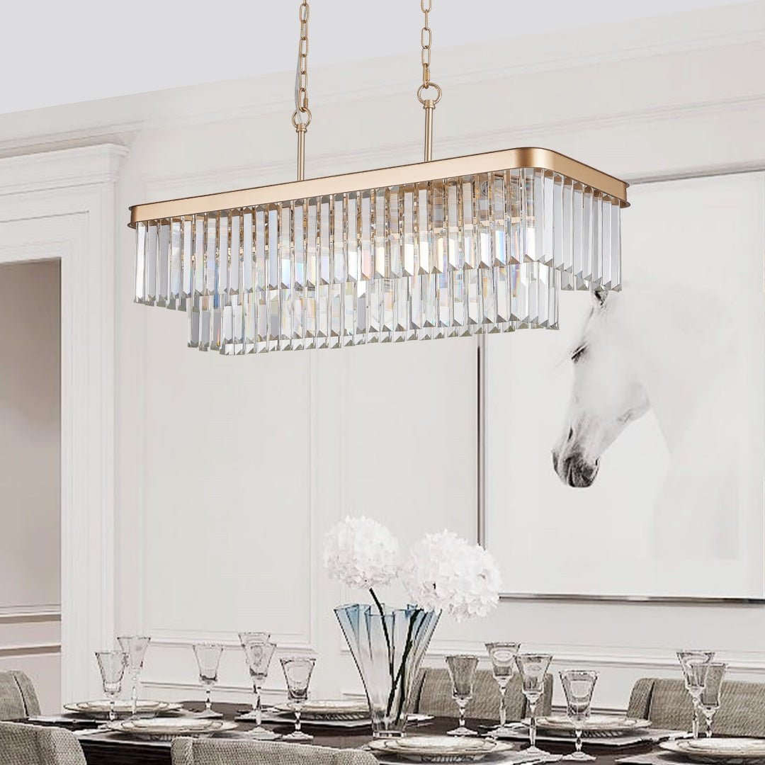 Chandeliers,Rectangular Crystal Chandelier Adjustable,E12 Modern Industrial Crystal Lights,Farmhouse Iron Ceiling Hanging Light For Kitchen Living Room Bedroom-Gold-Bulb Not Included
