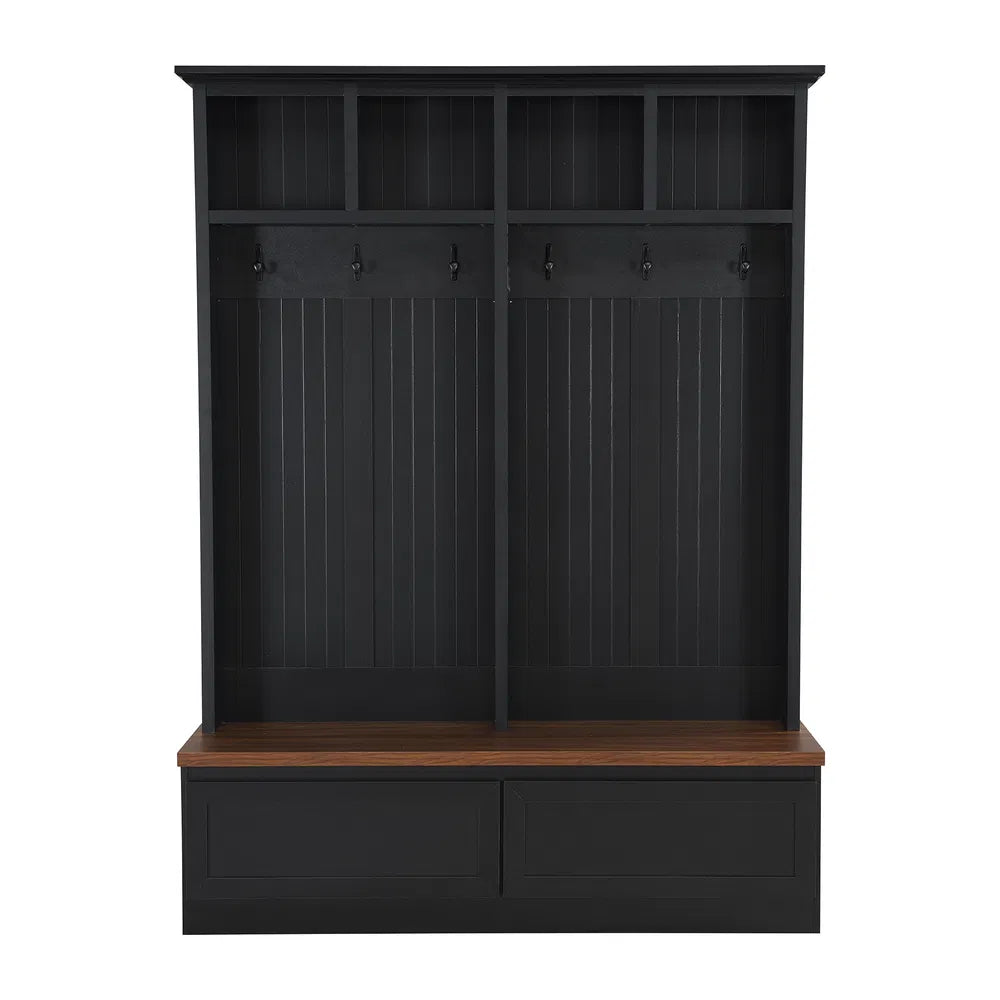 Farmhouse 4-in-1 Hall Tree With Wood Grain Bench, Mudroom Versatile Coat Rack With 2 Large Drawer, Entrance Organizer For Hallway, Living Room, Black, 55.9'W
