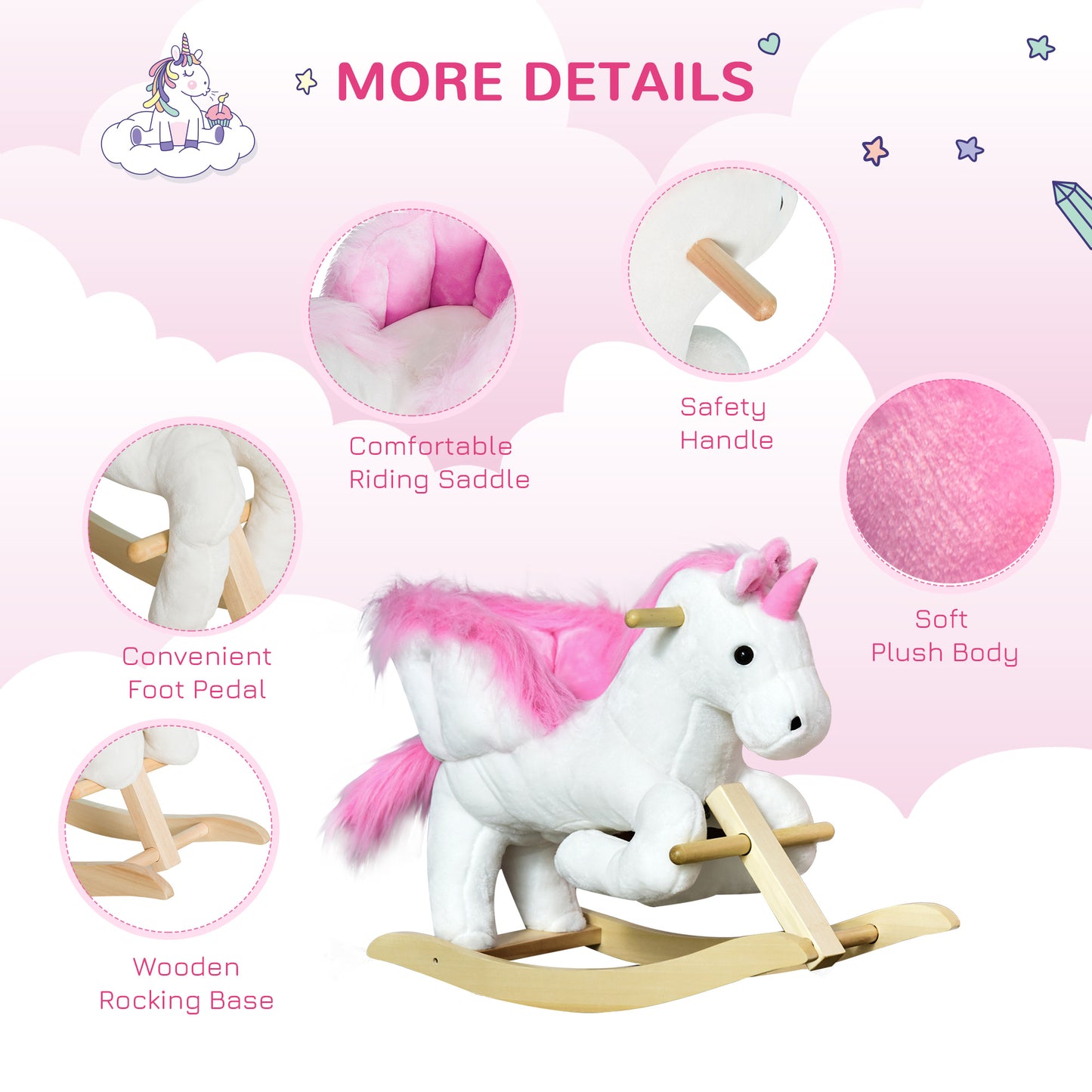 Unicorn Baby Rocking Horse Toy For Kids With Lullaby Song, Plush Ride On Horse With Heavy-Duty Support System, Interactive Toy Pretend Play Toy For Toddlers 18-36 Months