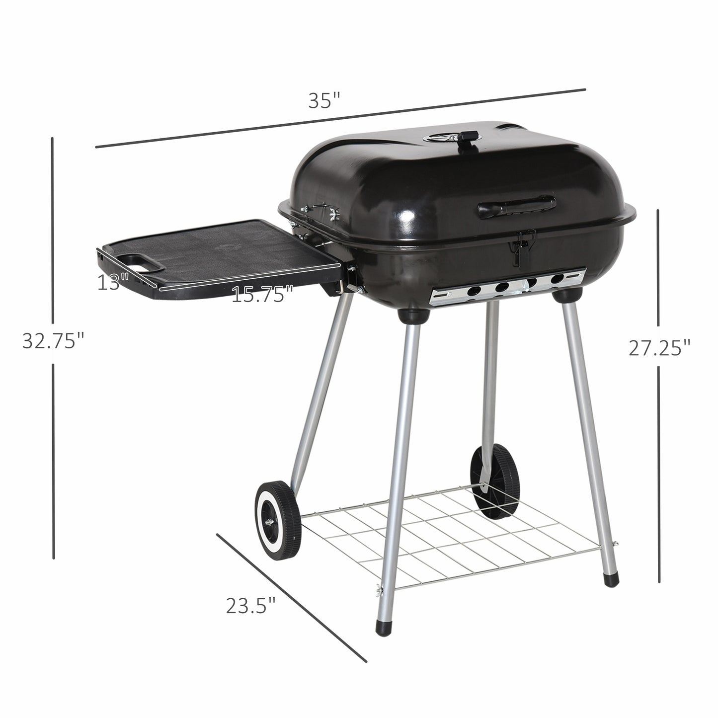 22" Charcoal Barbecue Grill With Portable Wheel, Side Tray And Lower Shelf For Outdoor BBQ For Garden, Backyard, Poolside