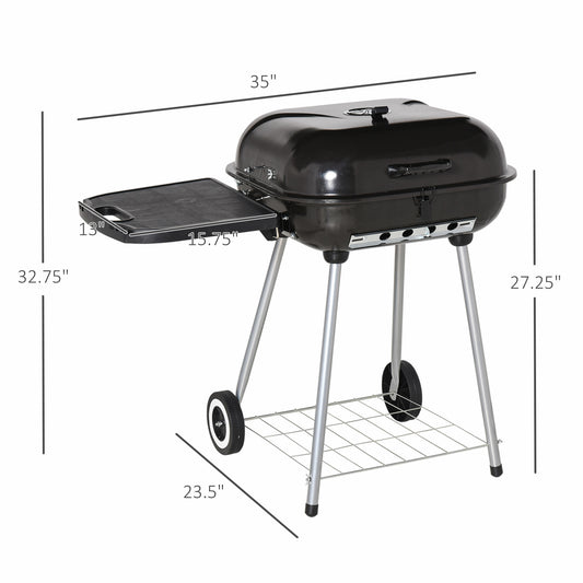 22" Charcoal Barbecue Grill With Portable Wheel, Side Tray And Lower Shelf For Outdoor BBQ For Garden, Backyard, Poolside