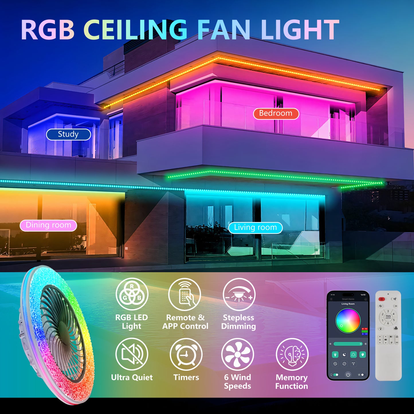 23 Inch Led Enclosed Ceiling Fans With Lights, RGB Bladeless Modern Ceiling Fan Low Profile For Living Room 23 Inch