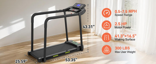 Elderly Rehabilitation Composite Shock-absorbing Treadmill With Extended Handrails And Enlarged Running Platform, Suitable For The Elderly, Load-bearing 300 Pounds, Safety Key, Easy-to-move Wheels