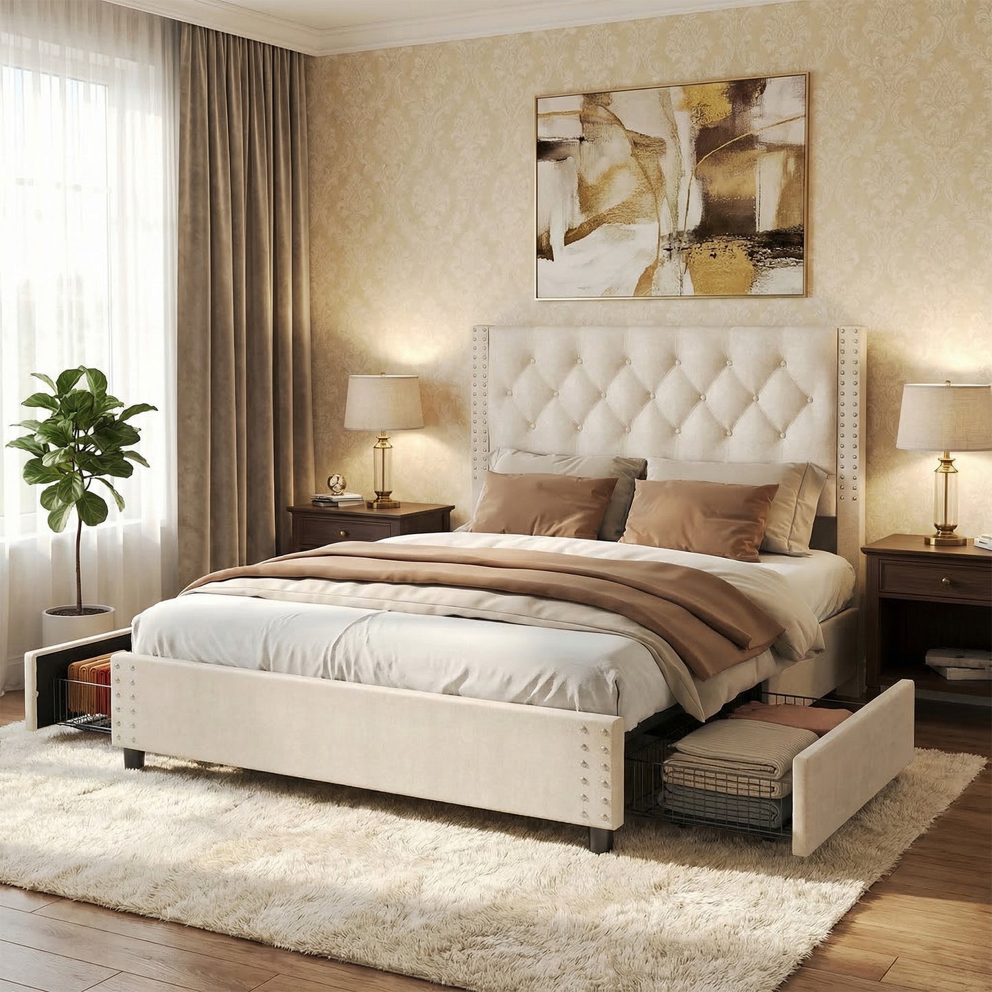 Queen Size Bed Frame With Headboard Wood Slat Support Platform Upholstered Button Tufted Bed Frame With 4 Drawers No Box Spring Needed Noiseless Easy Assembly For Home