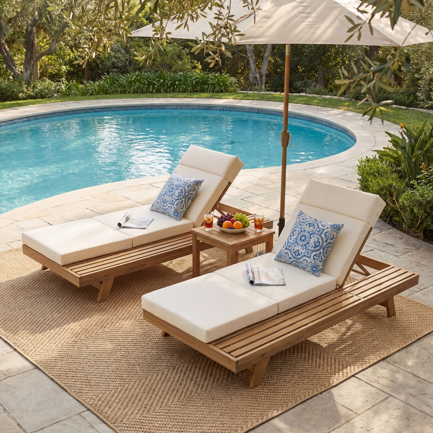 Lounge Chaise Set With Headrest, Space Available On One Side, Acacia Wood In Light Brown With Water-Resistant Lounge Cushions  Beige & 3-Fold & 4 Inch  -Matching Dark Grey Cream Version Available