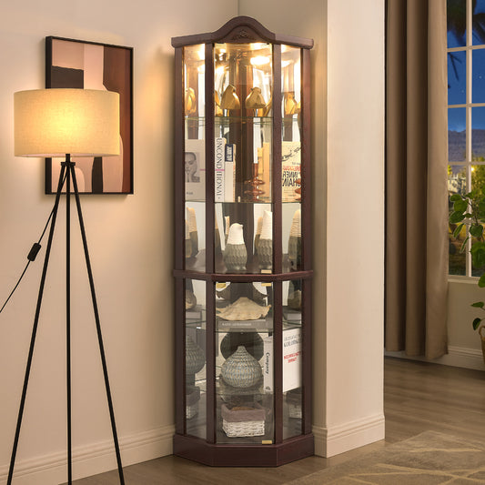 Glass Cabinet Lighted Corner Cabinet Corner Display Curio Cabinet, Glass Display With Light Bar Cabinet, Wine Cabinet With Adjustable Glass Shelves Carved Decoration DAARK CHERRY, Light Included