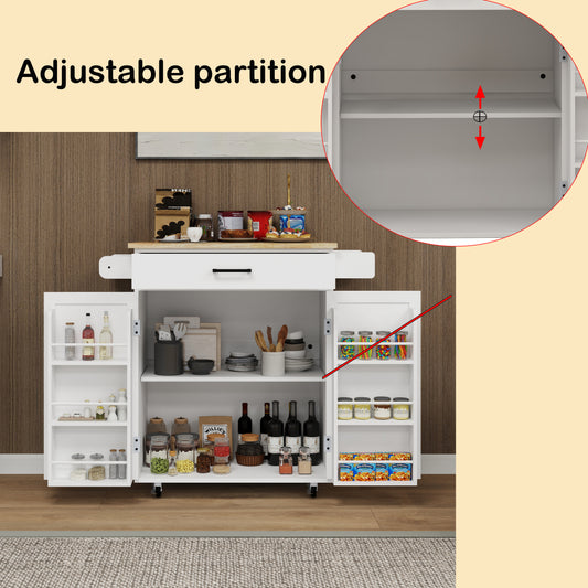 Kitchen Island Rolling Trolley Cart With 1 Drawer & 2 Doors With Storage Racks & Adjustable Shelves & Towel Rack & Seasoning Rack Rubber Wood Table Top-White