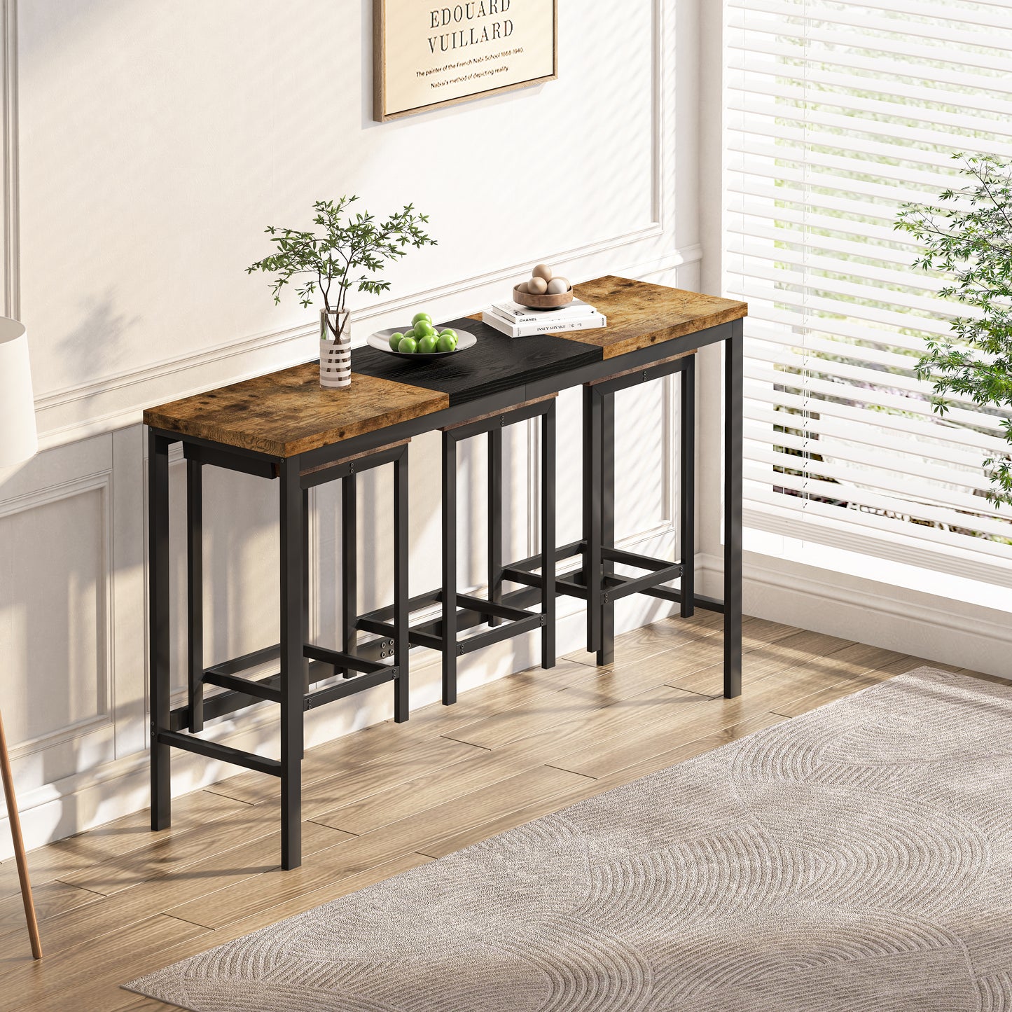 Modern Design Kitchen Dining Table, Pub Table, Long Dining Table Set With 3 Stools, Convenient Hanging Stool Design, Natural Black,