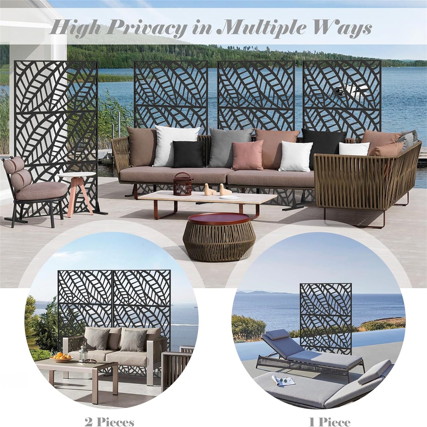 Metal Privacy Screen, Freestanding Outdoor Indoor Divider, Decorative Privacy Screen Panels For Balcony Patio Garden, Leaf-Shaped