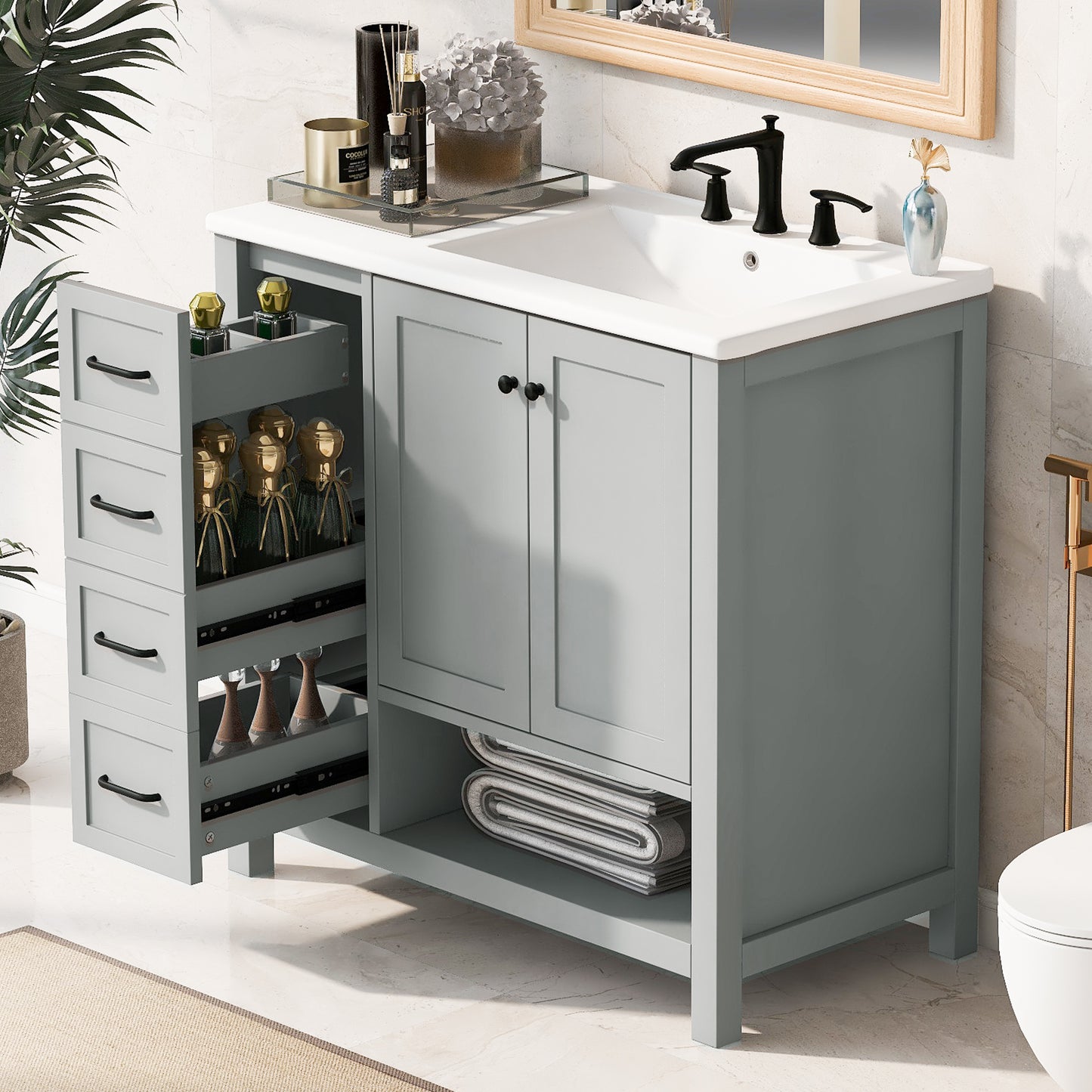 36  Bathroom Vanity With Sink Top, Bathroom Vanity Cabinet With Two Doors And Two Drawers, Solid Wood, Open Shelf, MDF Boards, Two Package, Grey
