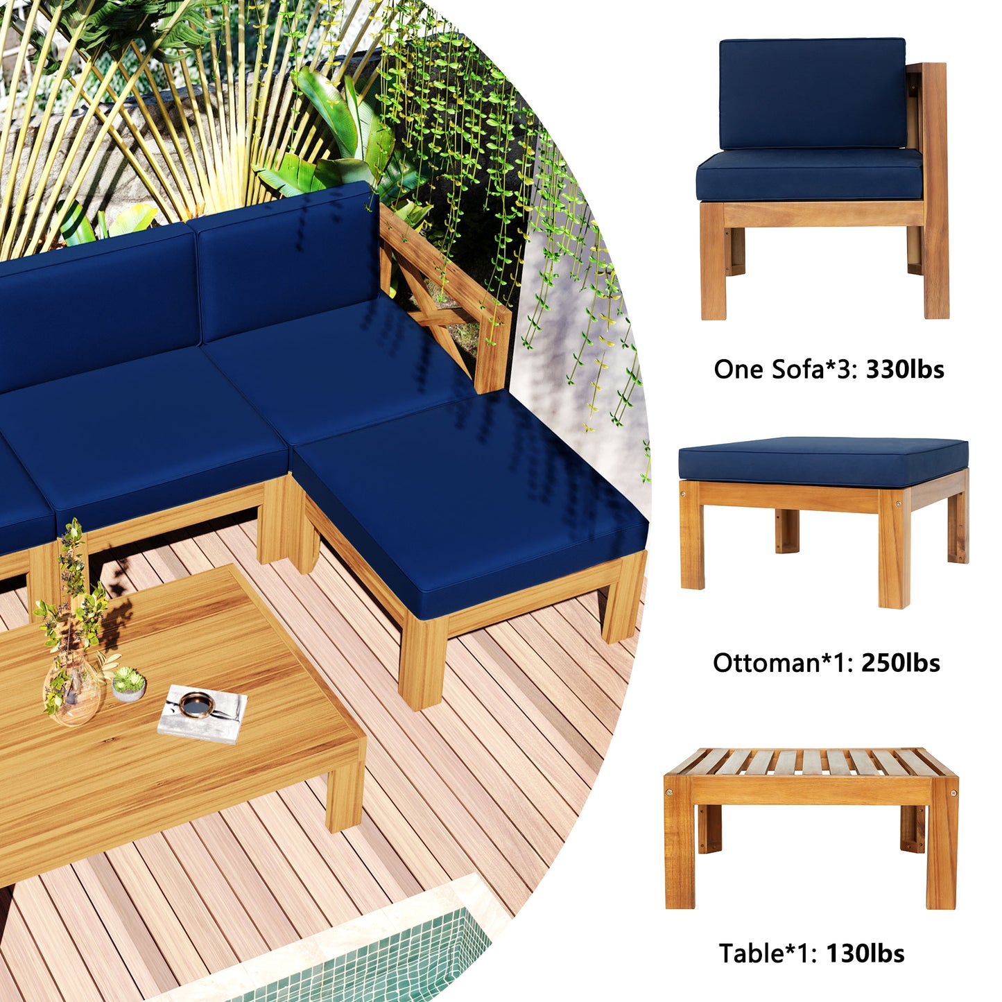 TOPMAX Outdoor  Patio Wood 5-Piece Sectional Sofa Seating Group Set With Cushions, Natural Finish  Blue Cushions