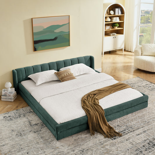 King Size Upholstered Bed Frame With Thick Fabric, Comfortable Upholstered Bed Frame, Chenille Fabric, With Headboard And Solid Bed Frame-Blue Green88x87x23