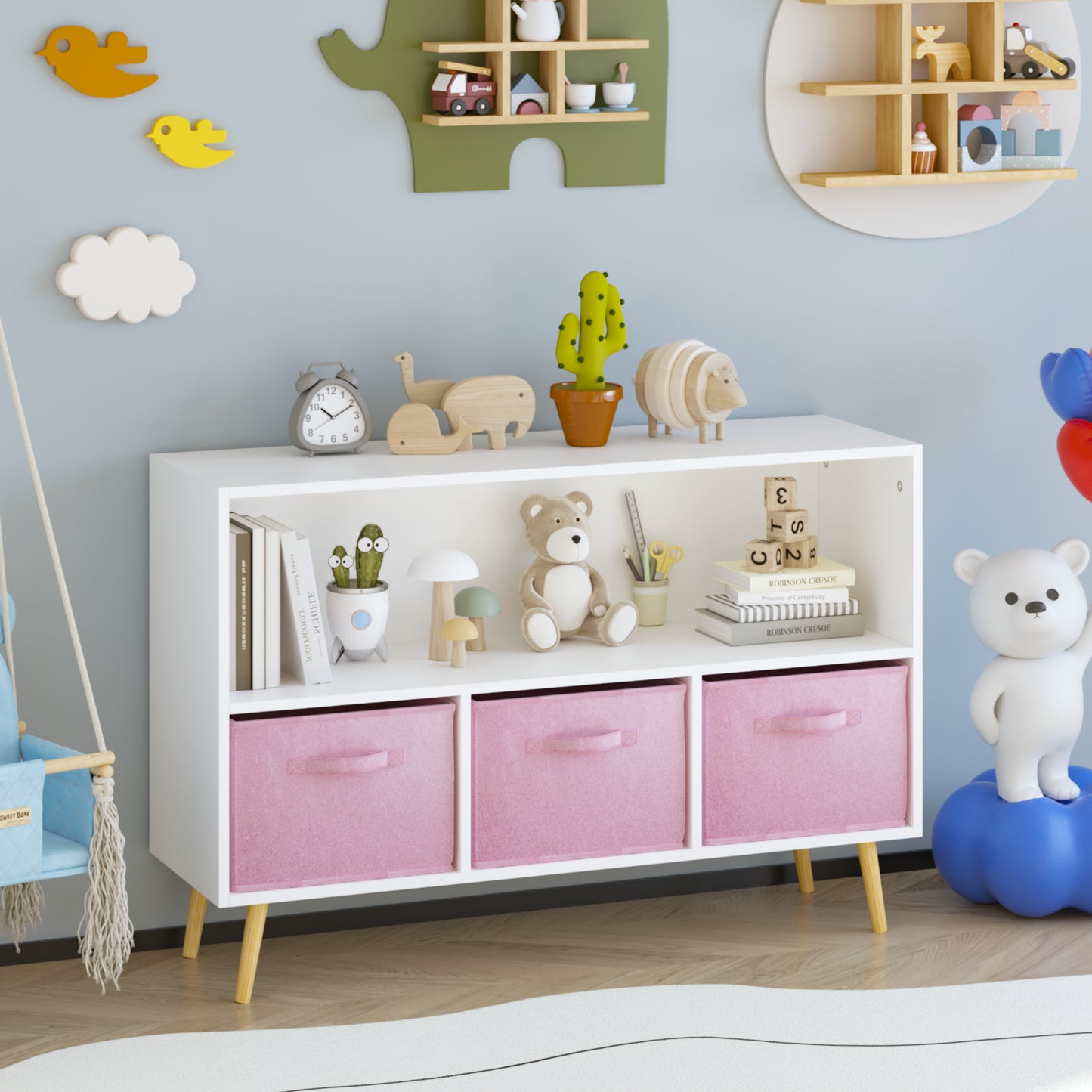 Kids Bookcase With Collapsible Fabric Drawers, Children's Book Display, Toy Storage Cabinet Organizer, White Pink