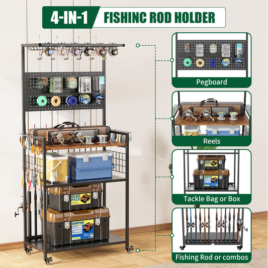 Fishing Rod Storage Rack With Pegboard, Rolling Tackle Organizer Cart, Multi-Tier Fishing Gear Stand For Rods, Reels, Tackle Boxes & Bags, Heavy Duty Metal Holders With Lockable Wheels