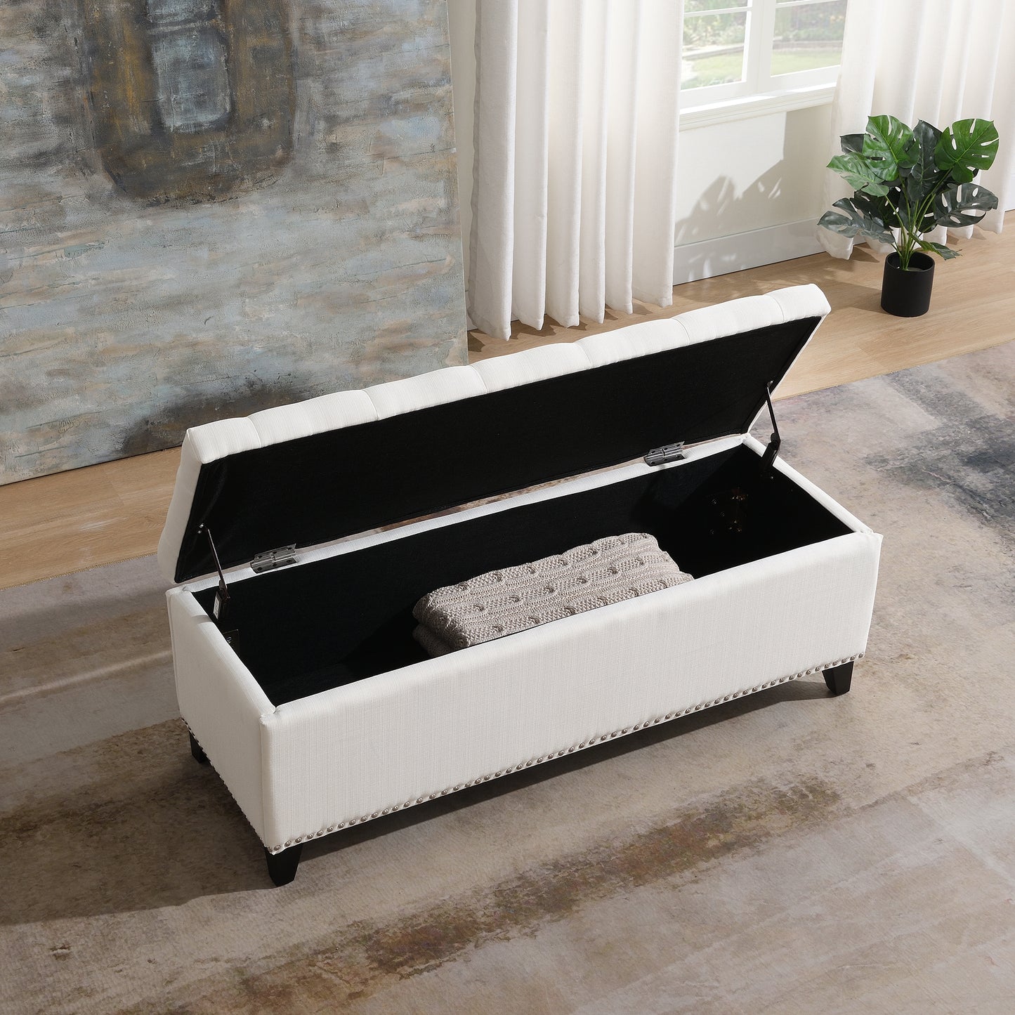 47.5  Storage Ottoman, Storage Bench With Safety Close Hinge, Linen Button-Tufted Ottoman For Living Room, Entryway, Hallway, Foot Rest, Support 500lbs - Beige