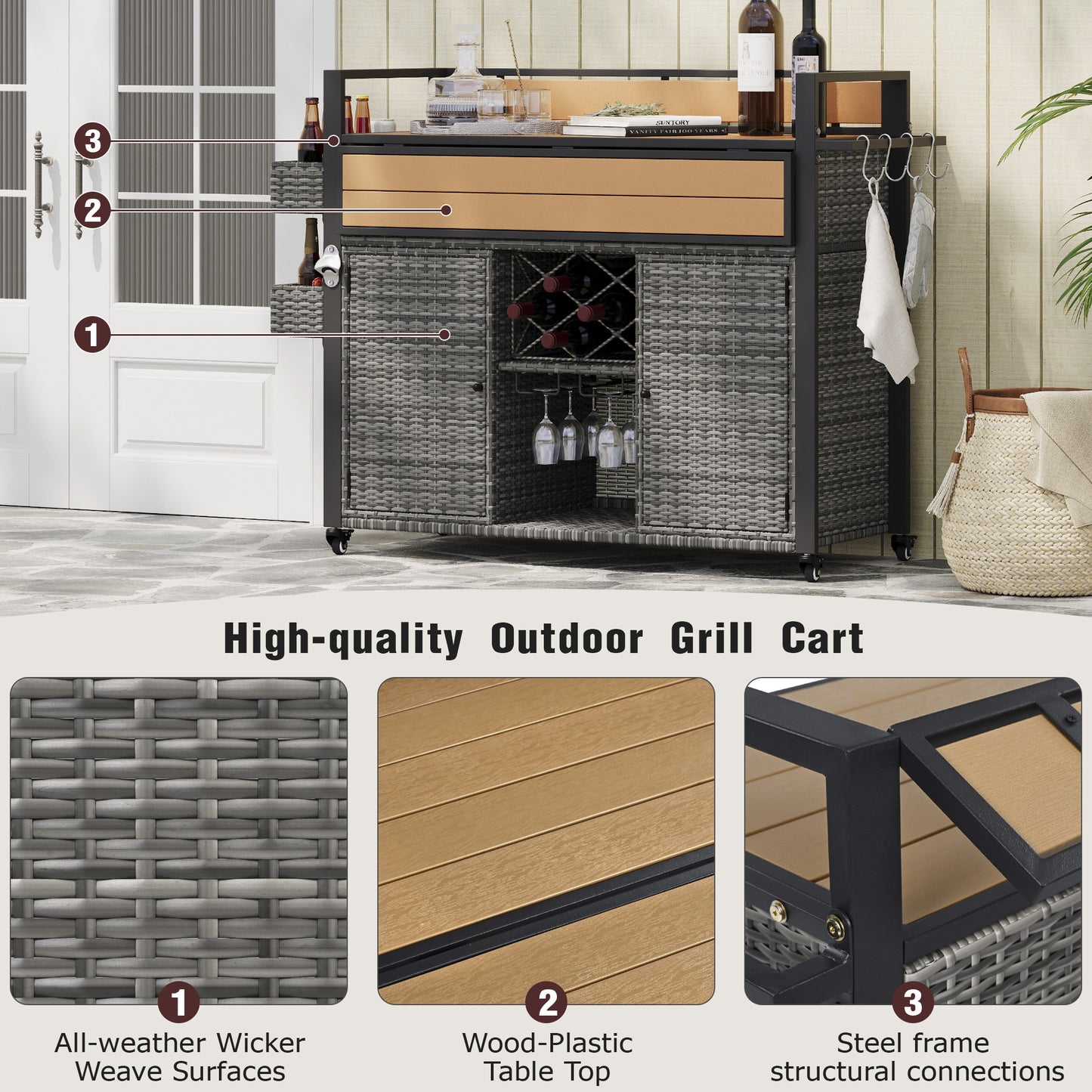 K&K 52.8 W Wicker Outdoor Grill Cart With Extended Plastic Wood Table Top, Rolling Kitchen Island On Wheels With Storage Cabinet, For Patio Backyard Garden Poolside, Double Handle Design, Grey