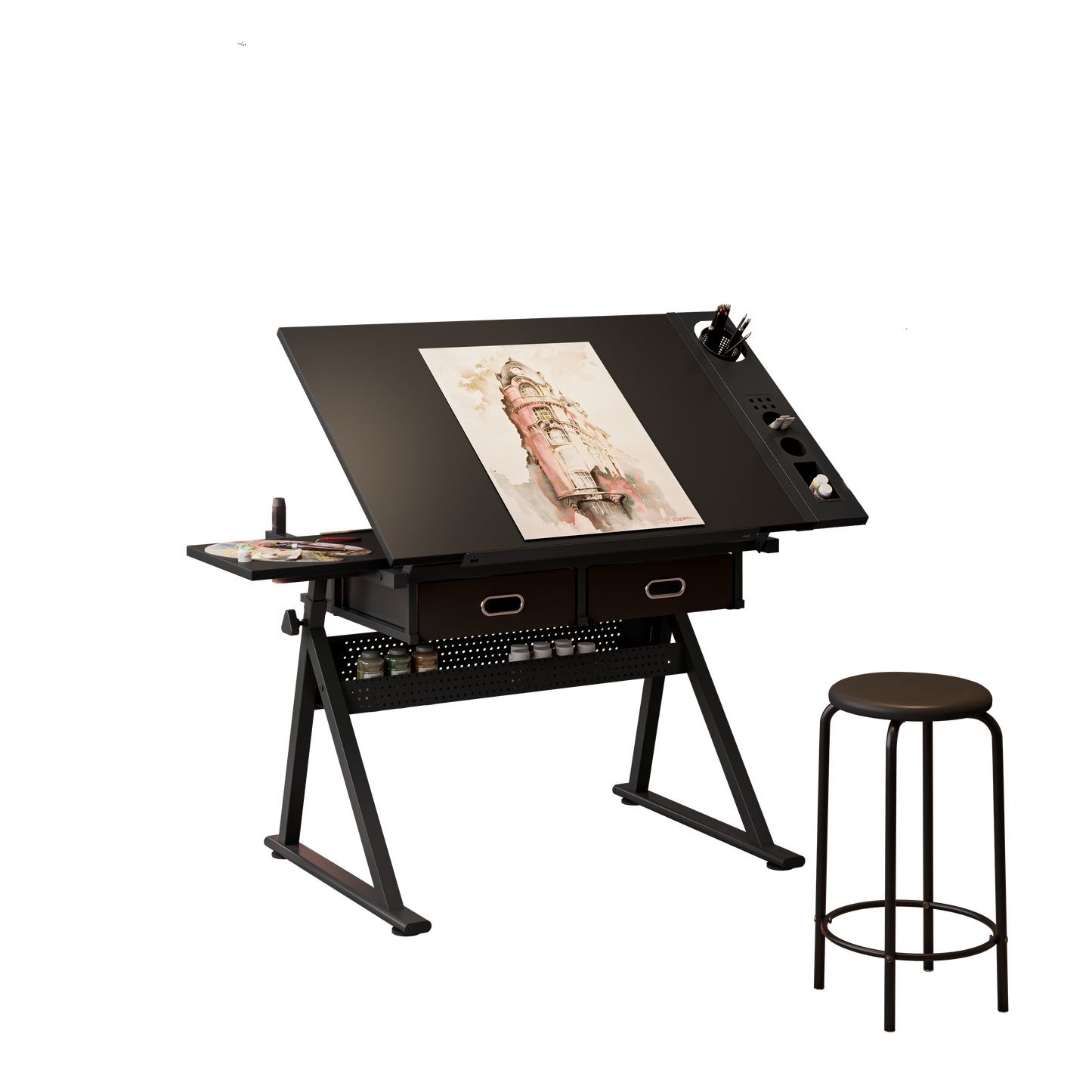 Adjustable Drawing Drafting Table Desk With 2 Drawers For Home Office And School With Stool Black