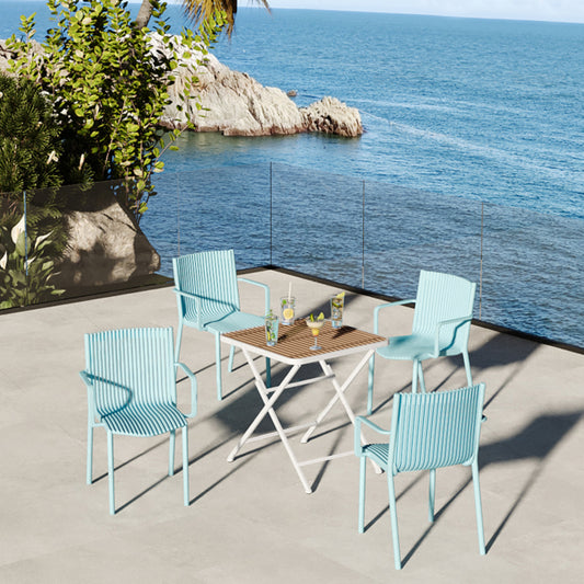 Holiday- 4pcs Light Blue Stackable PP Armchair For Indoor Outdoor Use-Ergonomic Slatted Back With Modern Folding Indoor Outdoor Multi-functional Square Table- PP Tabletop With Metal Legs White, Khaki