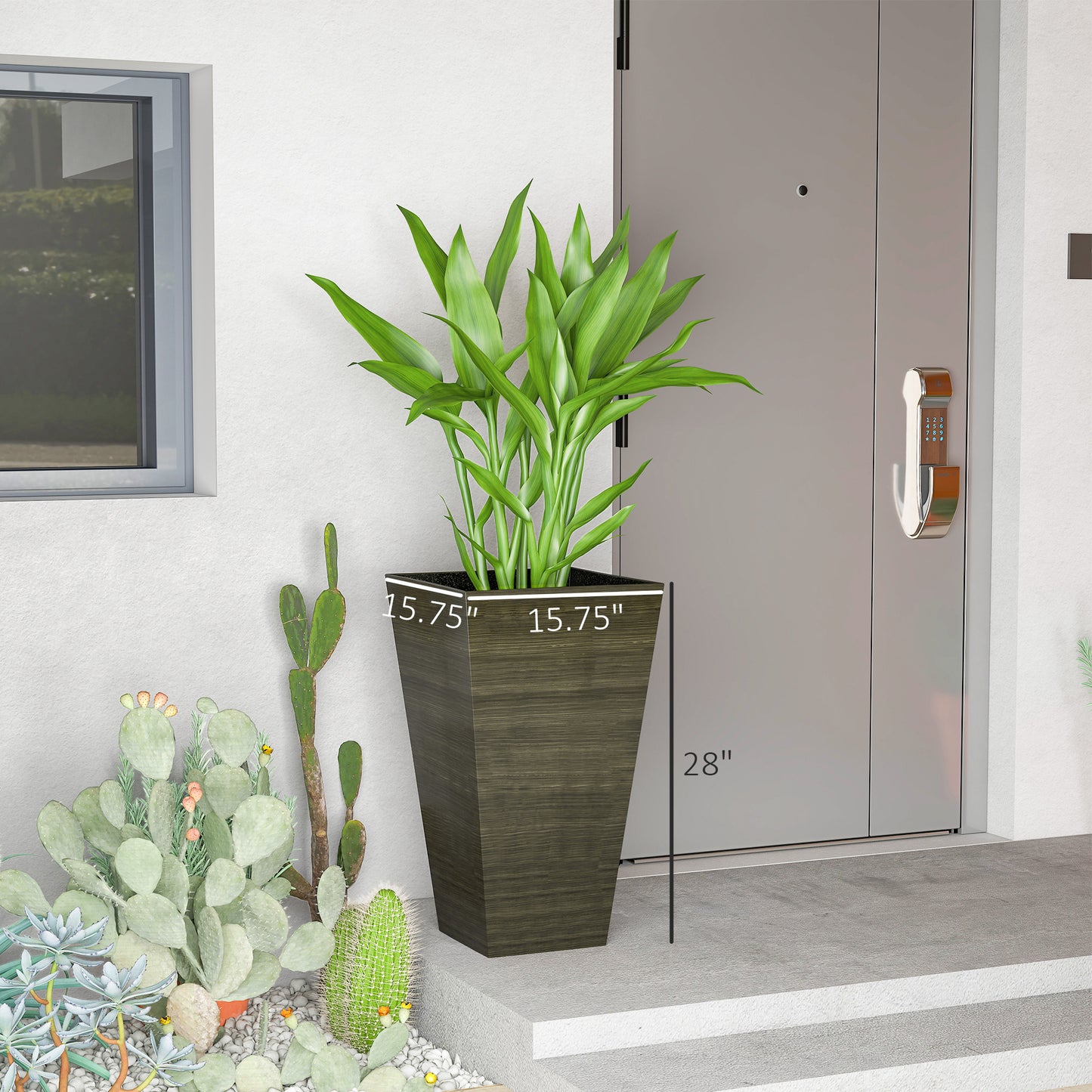 Set Of 3 Tall Planters, 28" Outdoor Planter W/ Drainage Holes, Faux Wood Plastic Flower Pots, Dark Brown